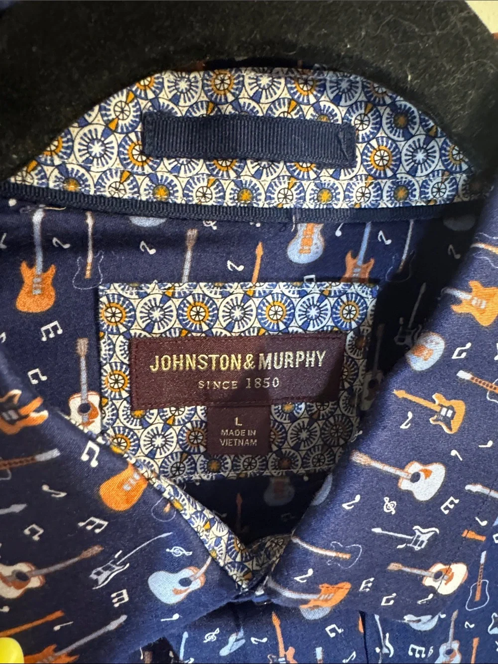 Johnston & Murphy Navy Button-Down Shirt with Guitar Print